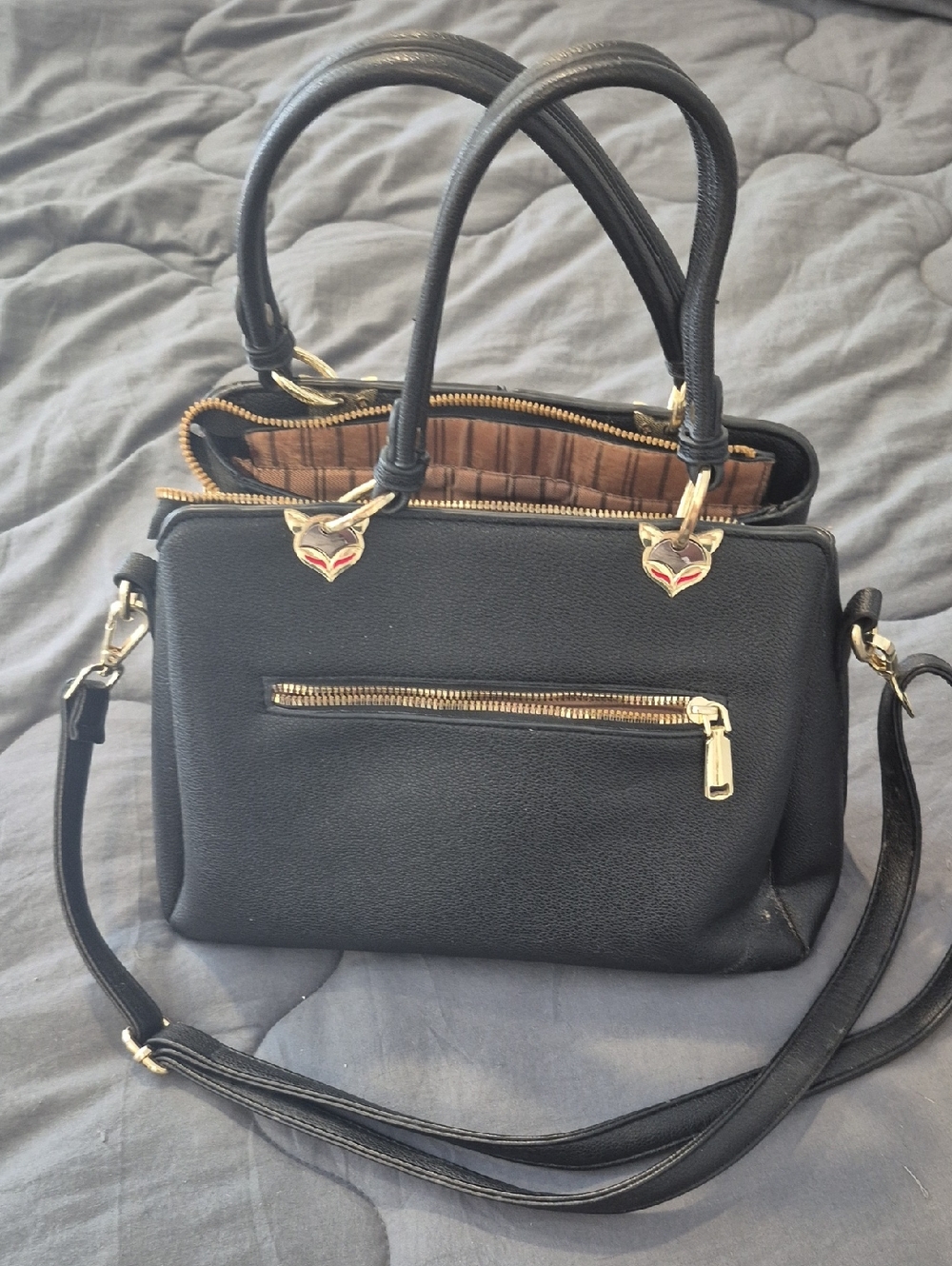 Classic Black Leatherette Satchel Handbag with Gold Hardware